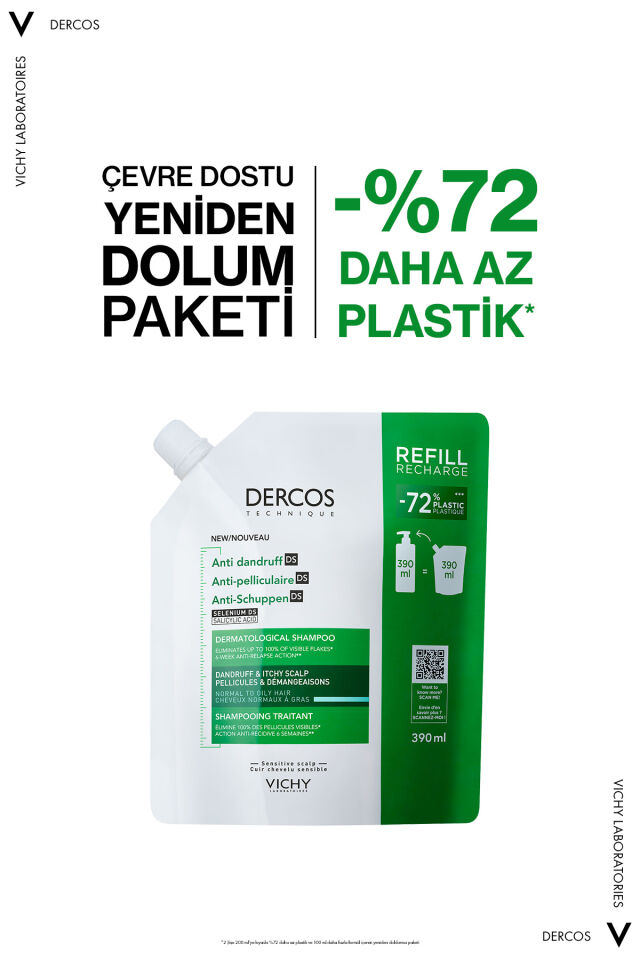Dercos Kepek Karşıtı Normal ve Yağlı Saçlar İçin Kepeğe Karşı Etkili Bakım Şampuanı Refill 390 ml