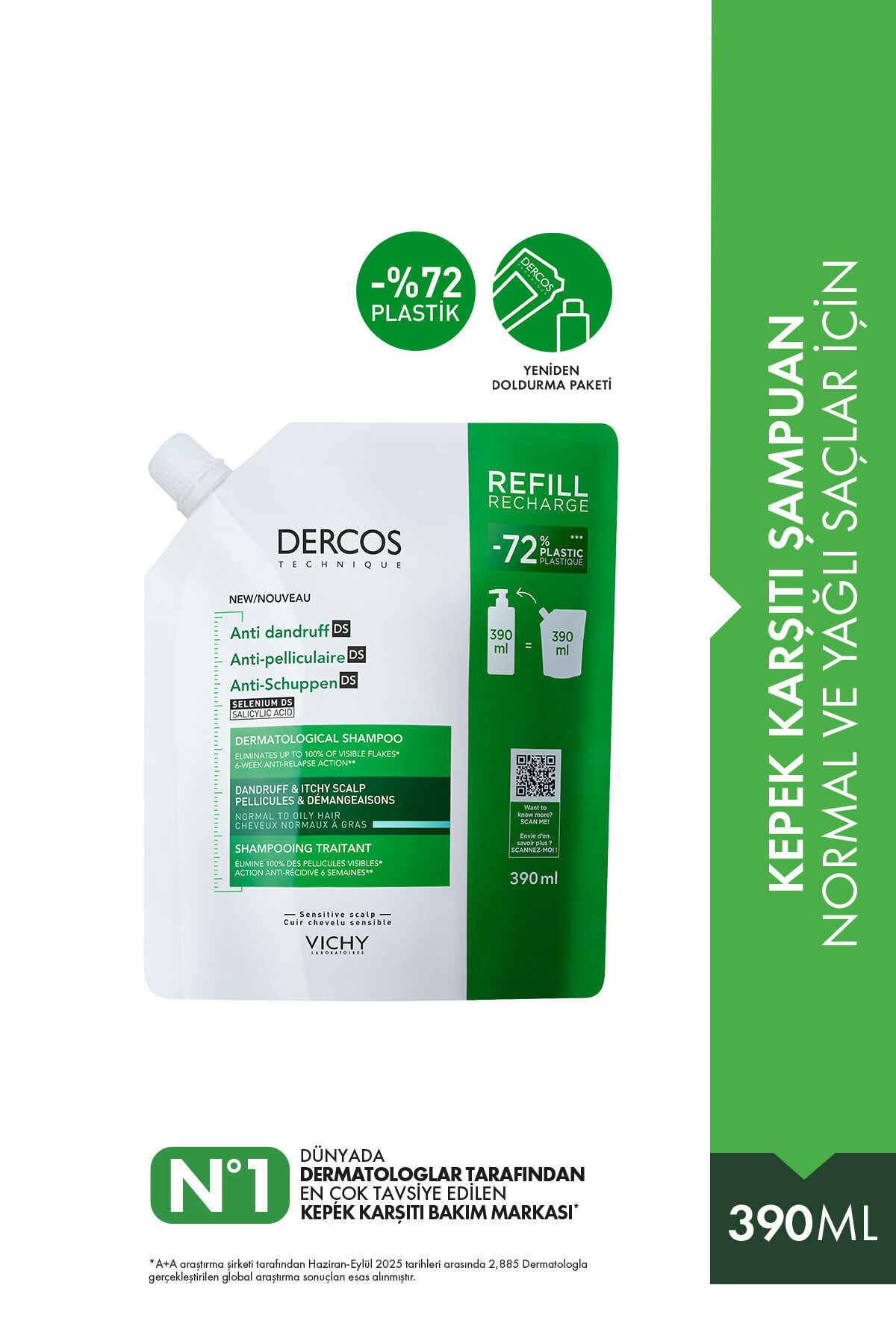 Dercos Kepek Karşıtı Normal ve Yağlı Saçlar İçin Kepeğe Karşı Etkili Bakım Şampuanı Refill 390 ml