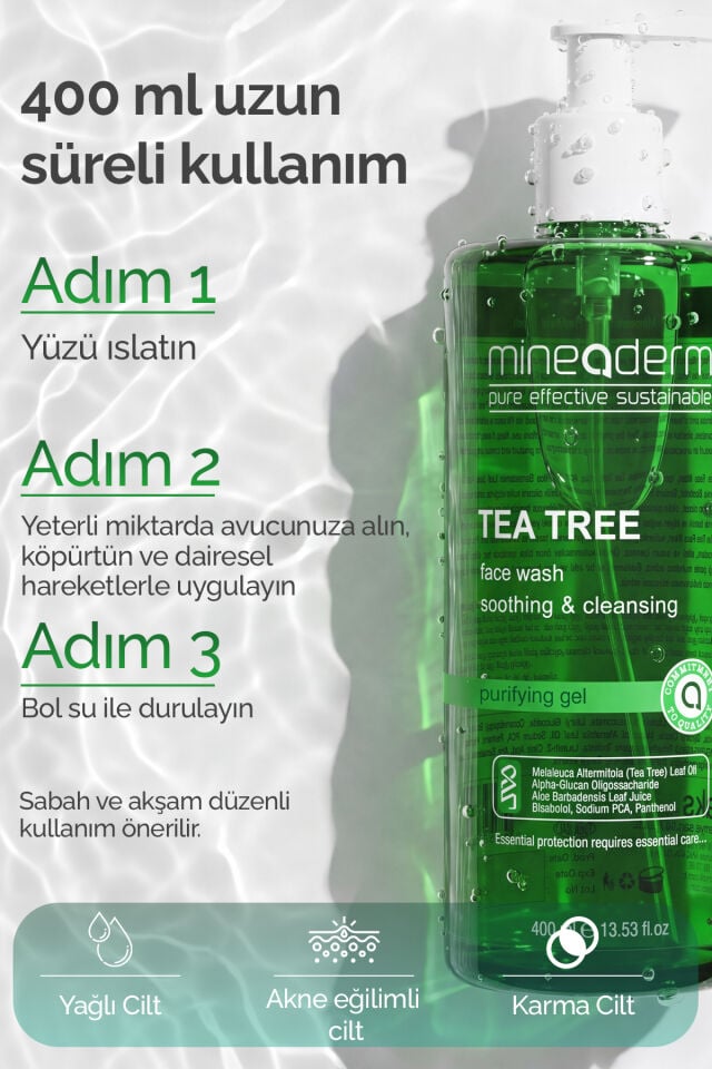 Çay Ağacı Yağı Yüz Temizleme Jeli – Prebiyotik Destekli, Akne, Eğilimli Ciltler için 400ml