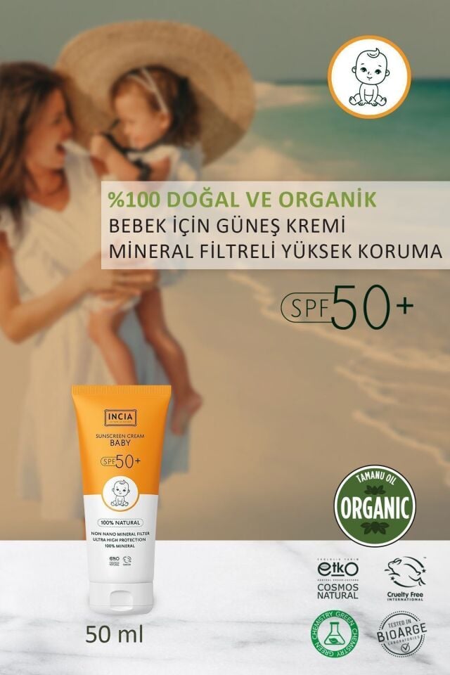 %100 Doğal Bebek Güneş Kremi Leke Karşıtı Mineral Filtreli Yüksek Koruma SPF 50+ UVA UVB 50 ml