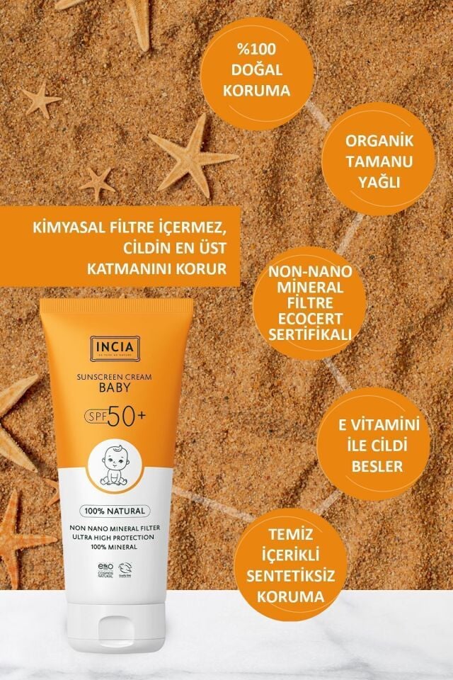 %100 Doğal Bebek Güneş Kremi Leke Karşıtı Mineral Filtreli Yüksek Koruma SPF 50+ UVA UVB 50 ml