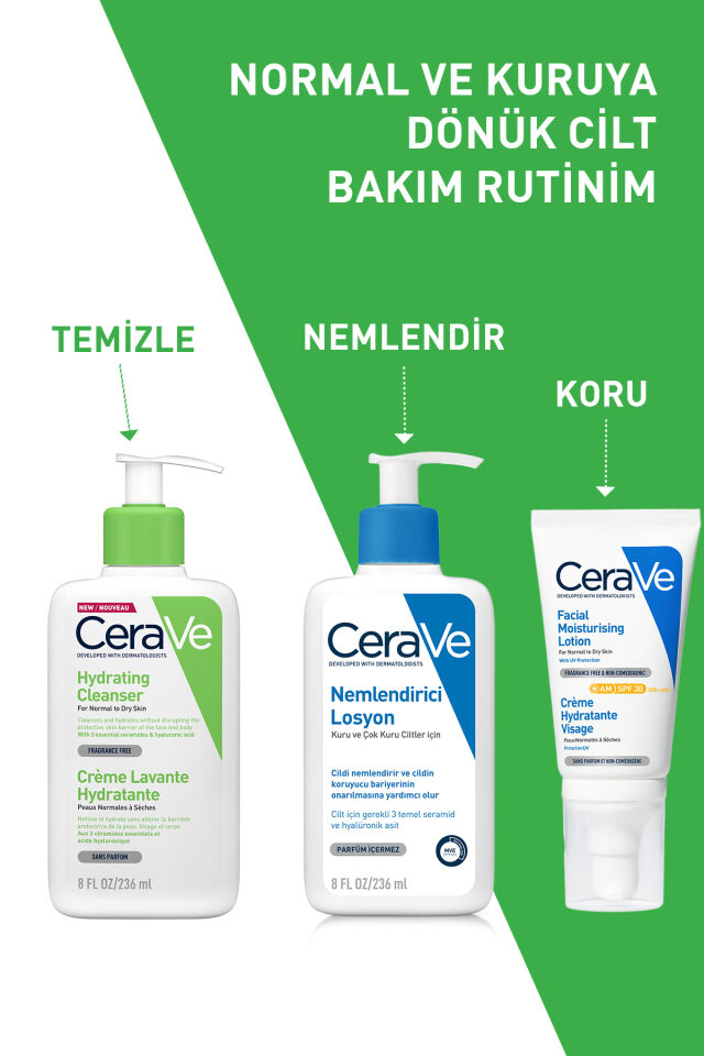Normal ve Kuruya Dönük Ciltler için Seramid & Hyalüronik Asit İçeren Nemlendiren Temizleyici 236ml