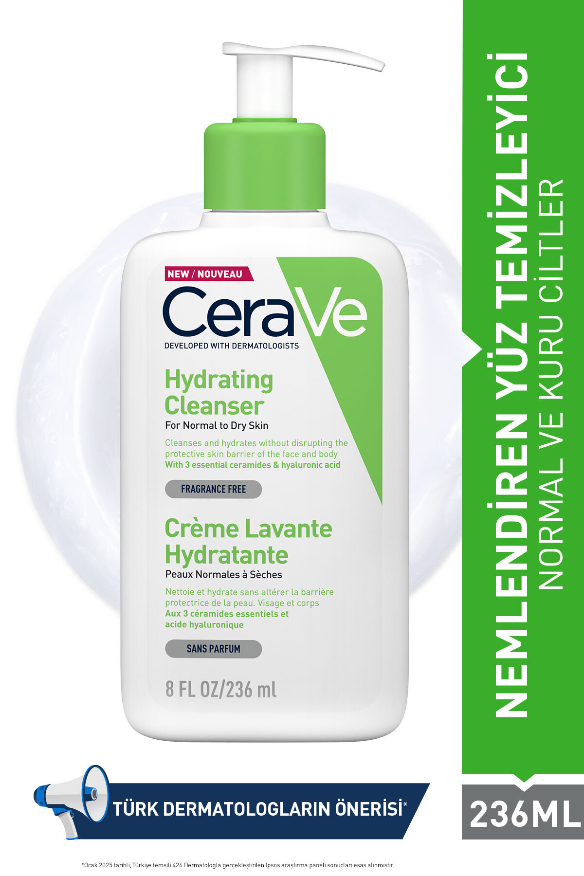 Normal ve Kuruya Dönük Ciltler için Seramid & Hyalüronik Asit İçeren Nemlendiren Temizleyici 236ml
