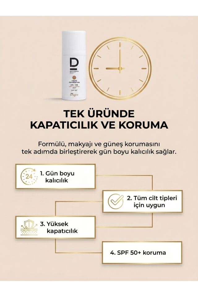 Be Bright Likit Fondöten Light SPF50+ | UVA&UVB Güneş Koruyucu | Yüksek Kapatıcı Fondöten | 33 ml